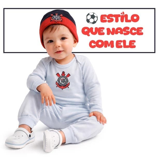 Conjunto Body Térmico Corinthians Peluciado Brasão de Time Infantil Bebê Tamanho P ao 3 Anos