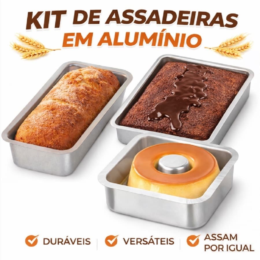 Kit Assadeiras Alumínio, Bolo Pudim e Pão | Forma Retangular 28cm + Forma Pudim Quadrada + Forma Pão