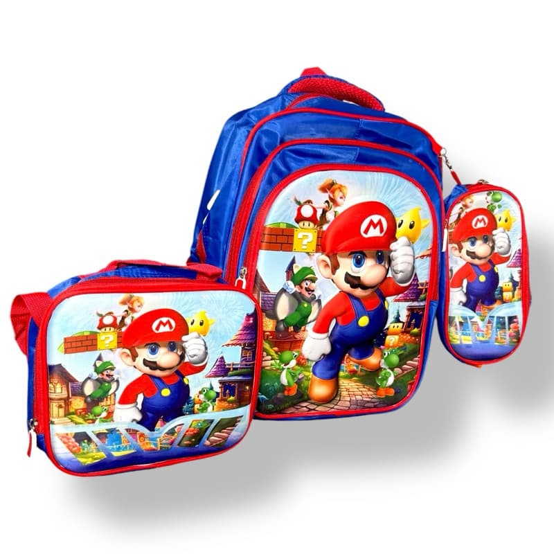 Kit Mochila Escolar Infantil Mario Bros Kit mochila grande Costas Lancheira Térmica e Estojo 3D