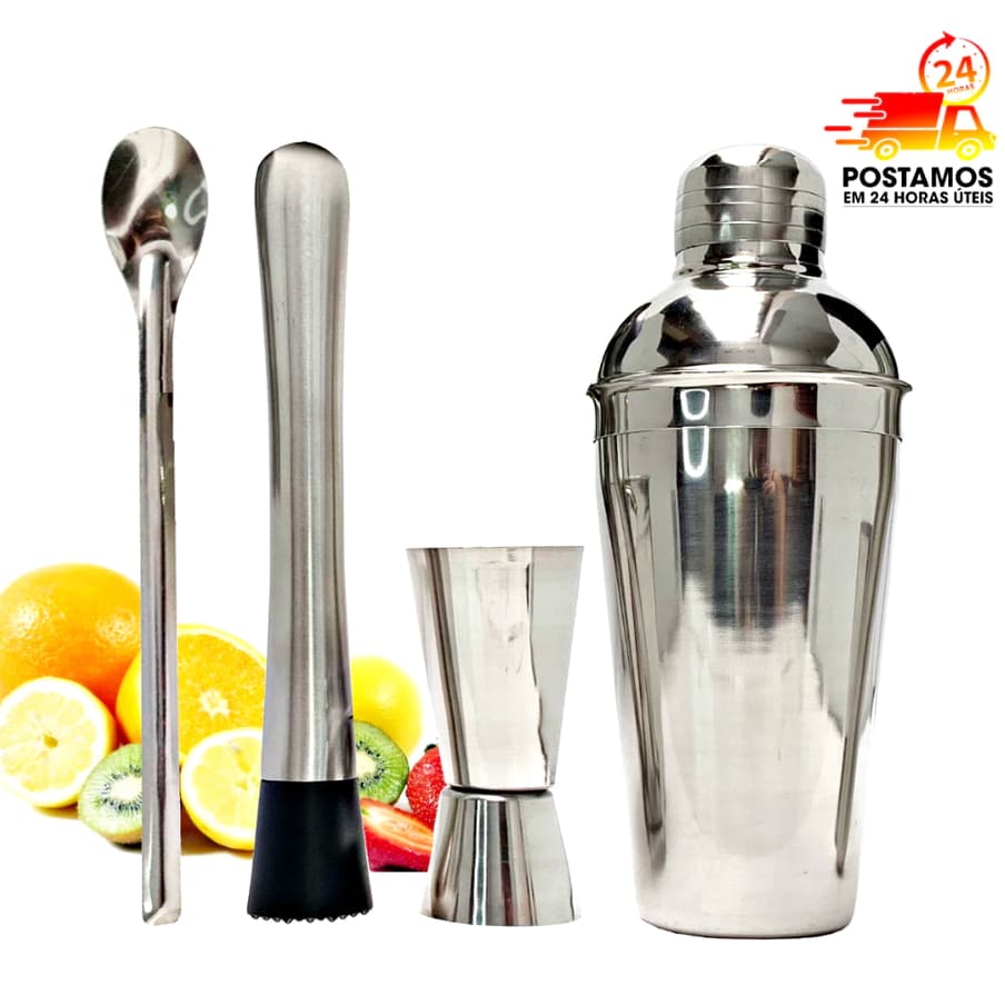 Kit Caipirinha 4 peças Inox Barman Coqueteleira Profissional Drinks 500ml