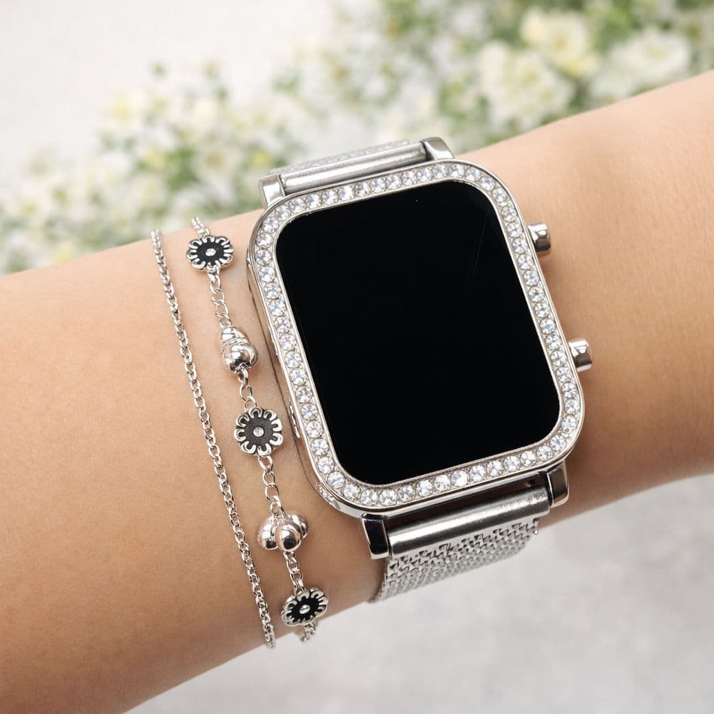Relógio Feminino Digital Elegante  Barato  Brilho Led  strass  Quadrado + Pulseira - Oferta Imperdivel