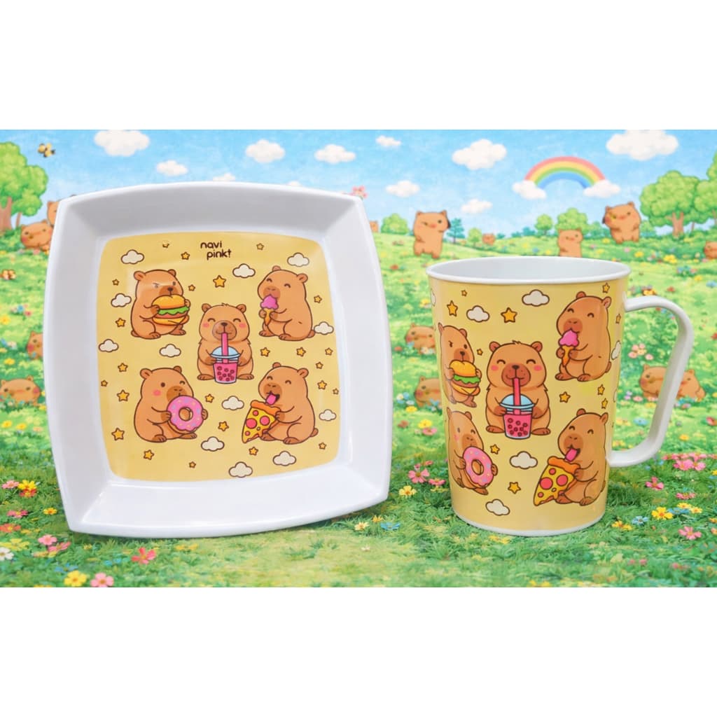 Kit de Refeição Alimentação Capivara para crianças com 1 Caneca 1 Prato Peças infantil