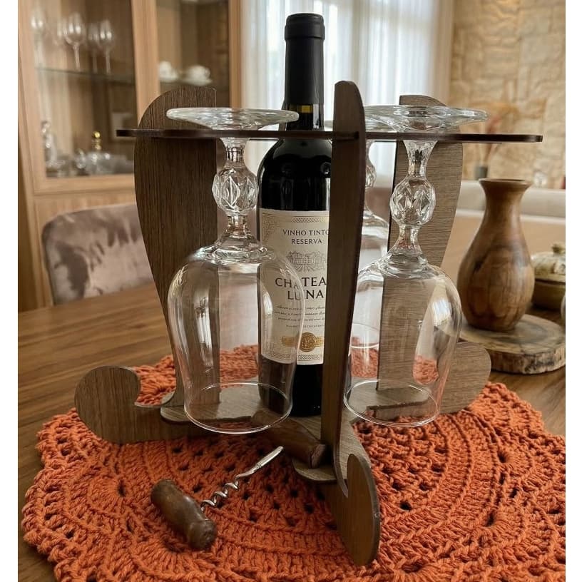 Adega Suporte de 4 taças e Vinho ou Espumante 1L para Mesa Em Madeira MDF