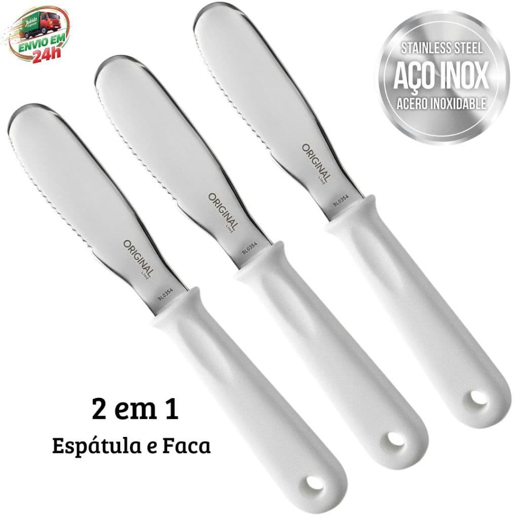 Kit Espátula Faca 2 em 1 Aço INOX Com Serra Corta Pão e Espalha Manteiga Patê Creme 19,7cm Multiuso Praticidade
