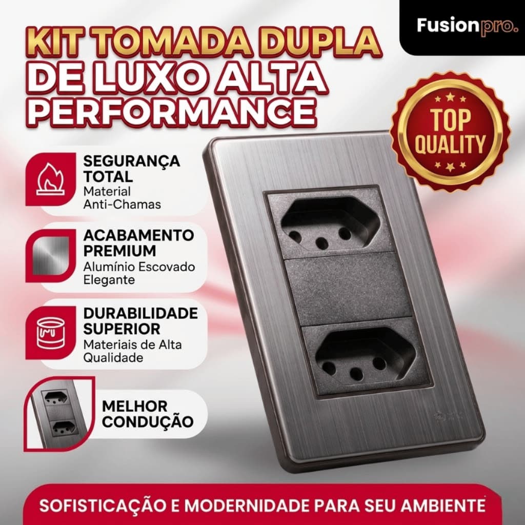 Placa 4x2 Metal Escovado Chumbo Fusion Pro XLX - Com 2 Tomadas 10A 110V 2P+T Padrão Brasileiro