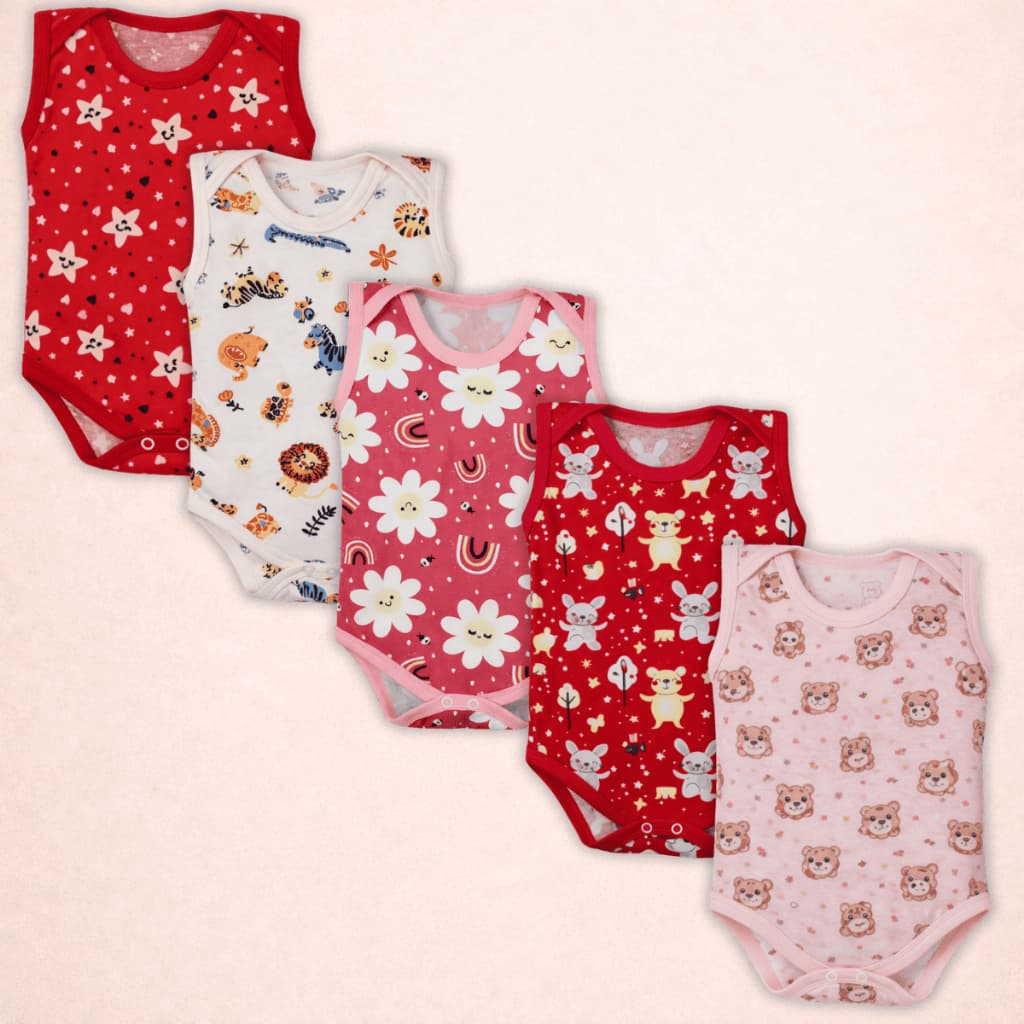Kit 5 Peças Body Bebe Regata Estampado 100% Algodão Menina