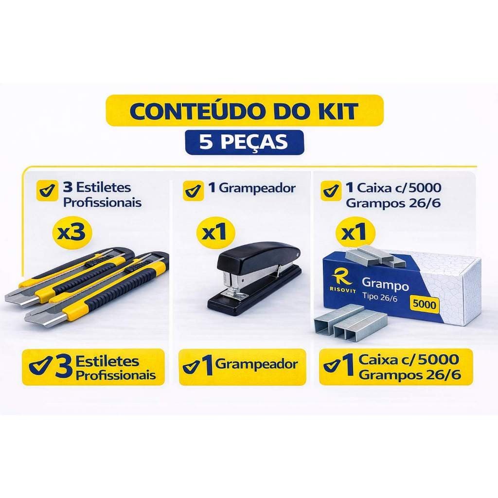 Kit Escritório Completo 5 Peças  Contem1 Grampeador Pra 20 Folhas  3 Estiletes Emborrachado 18mm + 5000 Grampos 26/6