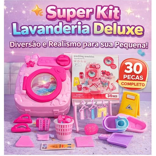 Brinquedo Máquina de Lavar Infantil Realista ROSA Com 30 Acessórios Kit Lavanderia Completo