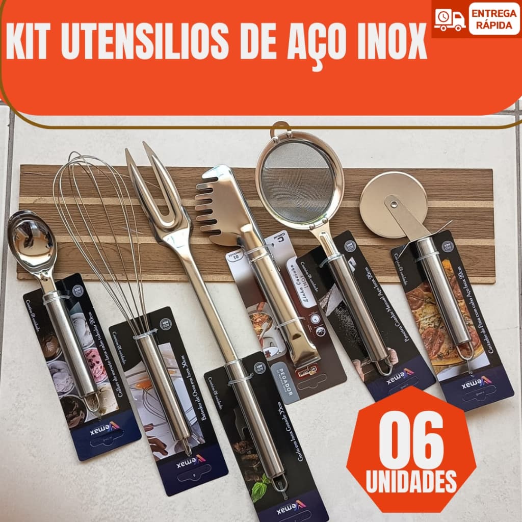 Kit 6 Utensílios de Cozinha Inox Pegador Massa Garfo Grande Batedor Ovo Colher Sorvete Peneira Cortador Pizza