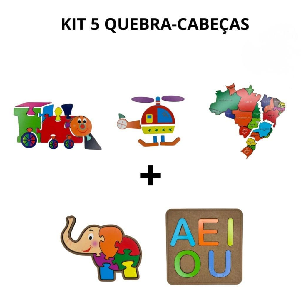 Kit 5 Quebra Cabeças Infantil Educativo MDF Trem Helicóptero Mapa Elefante Vogais