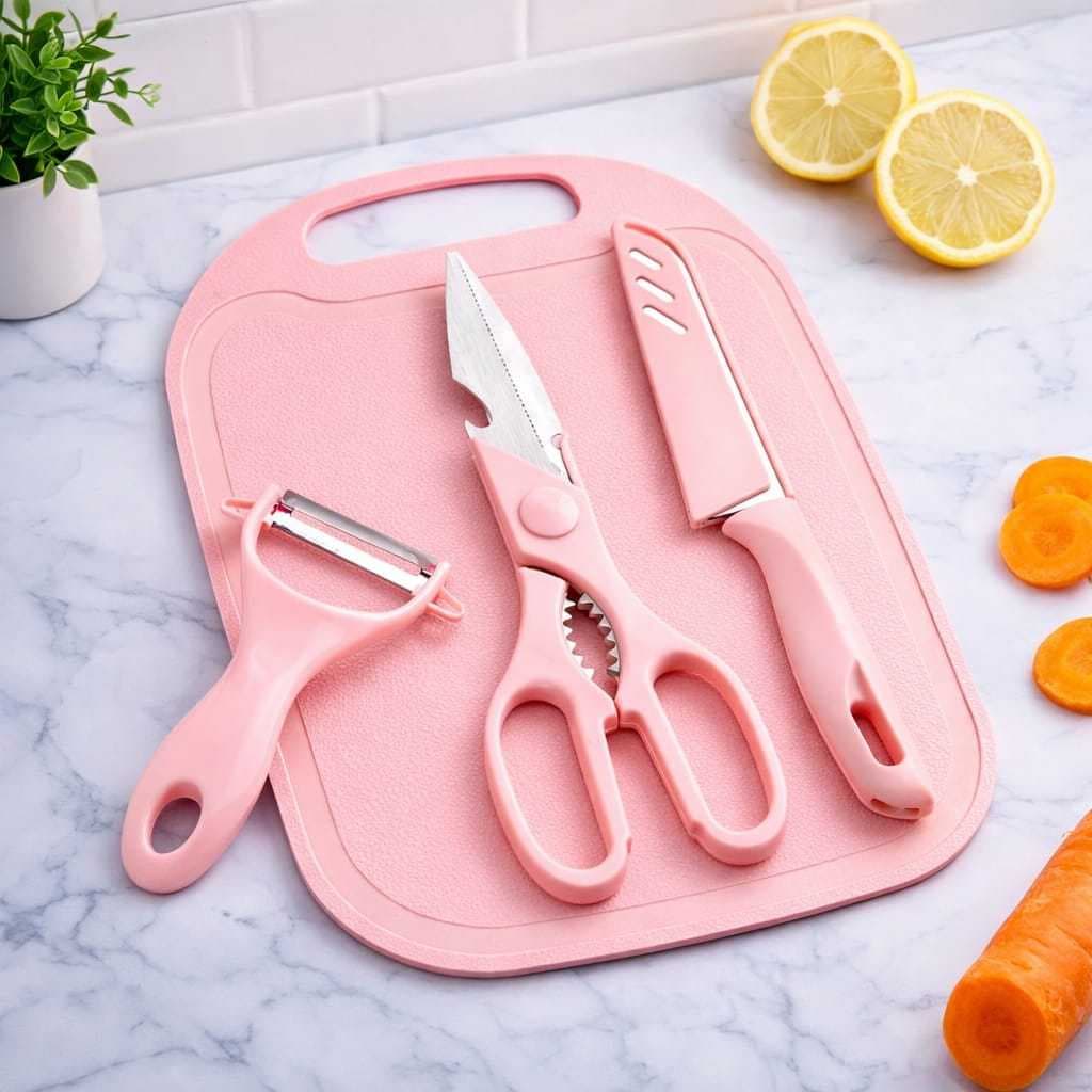 Kit de Cozinha 4 Peças Tábua/Tesoura/Faca/Descascador Resistente Funcional na Cozinha e Moderno