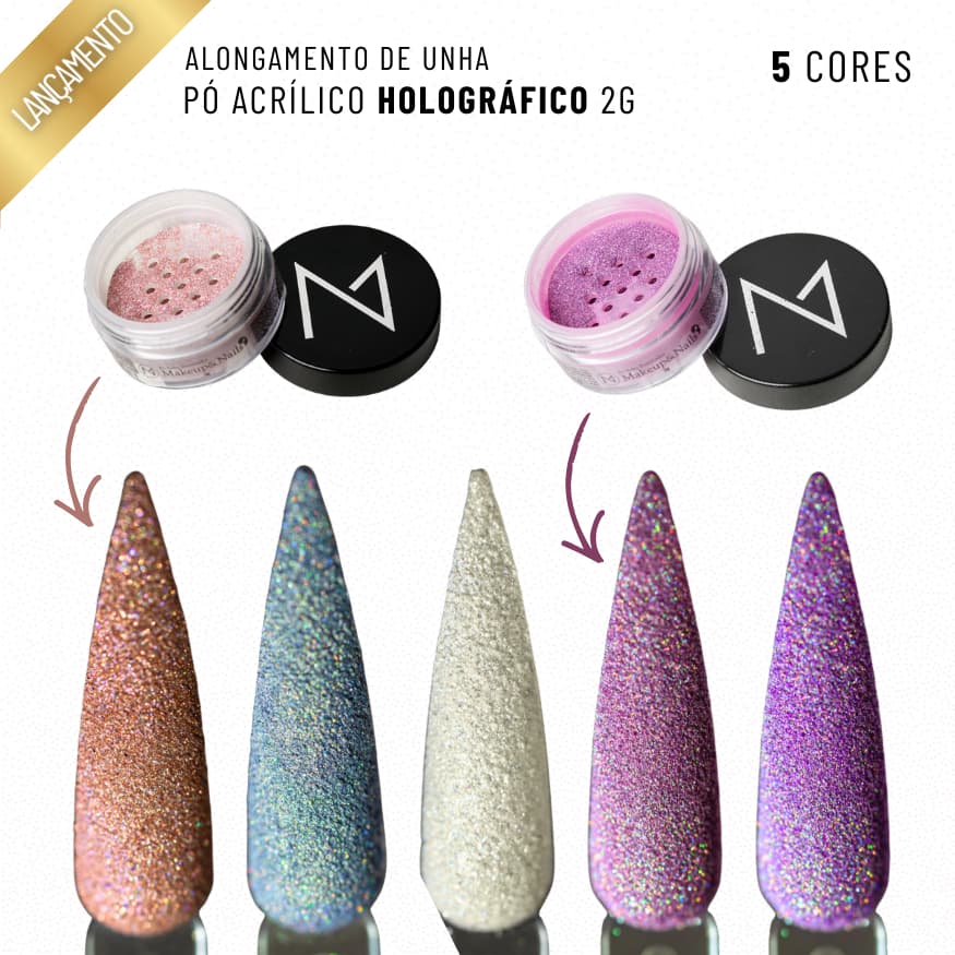 Pó acrílico HOLOGRÁFICO (5 cores Glitter) 2g Alongamento Majestic Nails