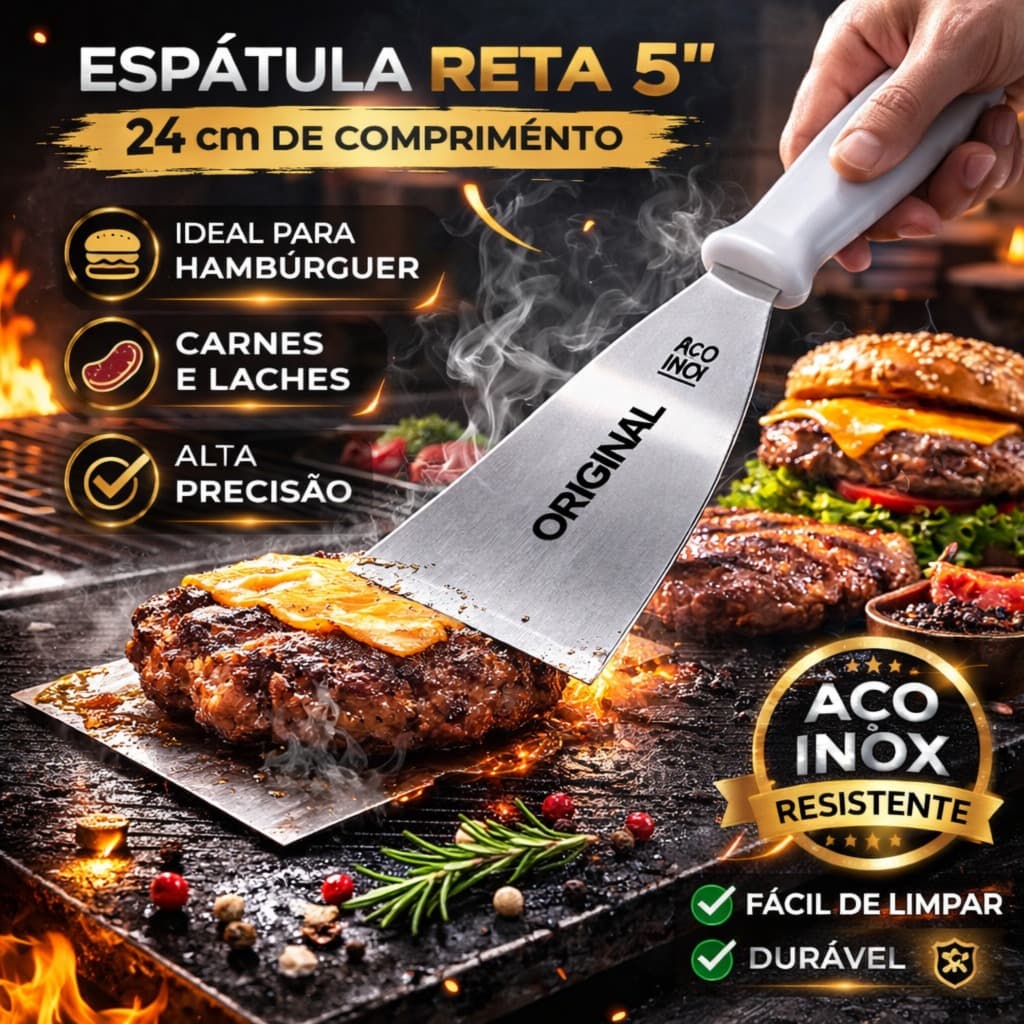 Espátula Reta 5 Pol Aço Inox Profissional Cabo Anatômico Cozinha Chapa Hamburguer Confeitaria