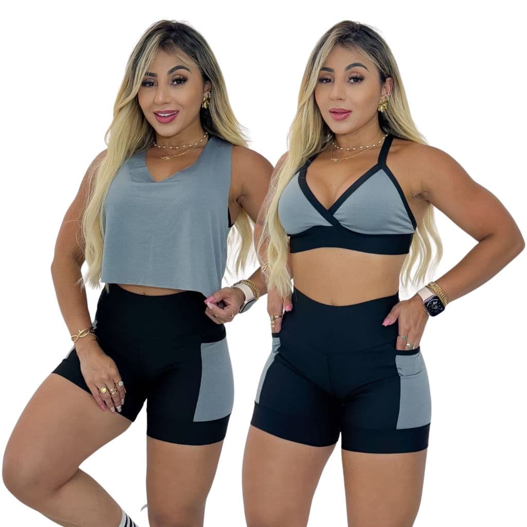 KIT 3 Peças Short com Bolso Top e Blusa Baby Look Dryfit Fitness Conjunto Academia