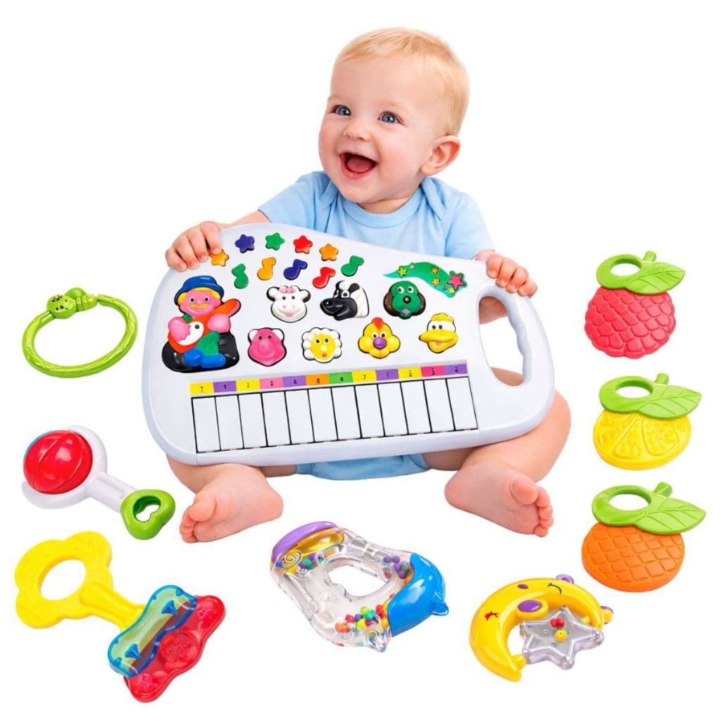 Kit Piano e Chocalho Infantil Teclado com Som de Animais Fazendinha