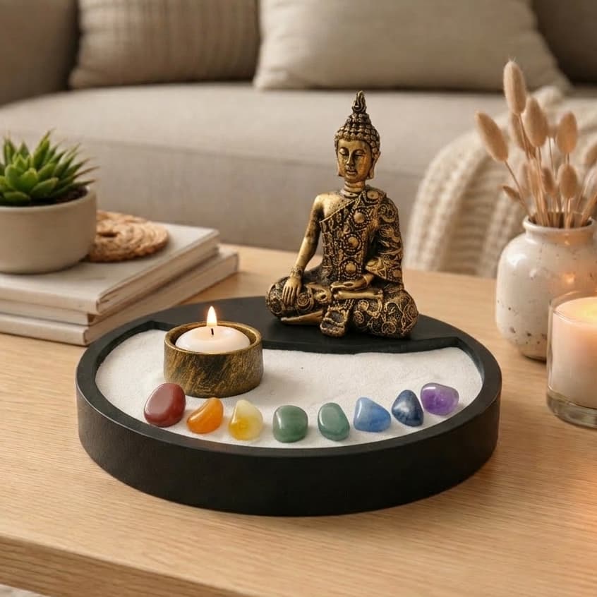 Jardim Zen Decorativo Redondo com Areia e Rastelo Mini Jardim Japonês Relaxante para Decoração e Meditação