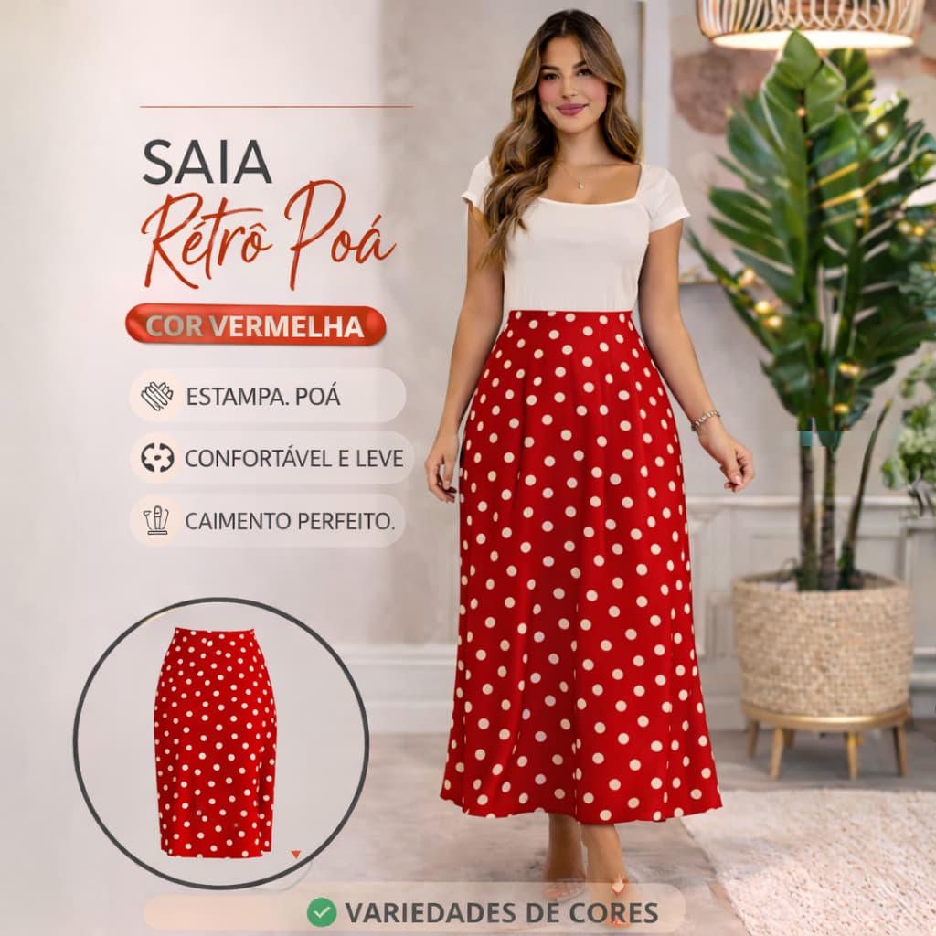 Saia Longa Poá Bolinha Retrô Vintage Moda Feminina Elegante confortável