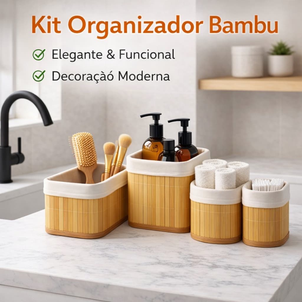 Conjunto 4 Cesto Organizador Multiuso Bambu, kit premium closet casa, elegante armário decoração