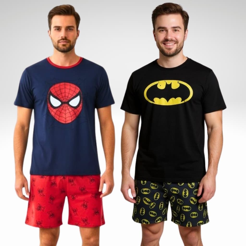 Kit 2 Pijamas Adulto Masculino Meia Manga / Super Heróis / Roupa de Dormir / Pijama Masculino Tamanhos P M G GG Promoção
