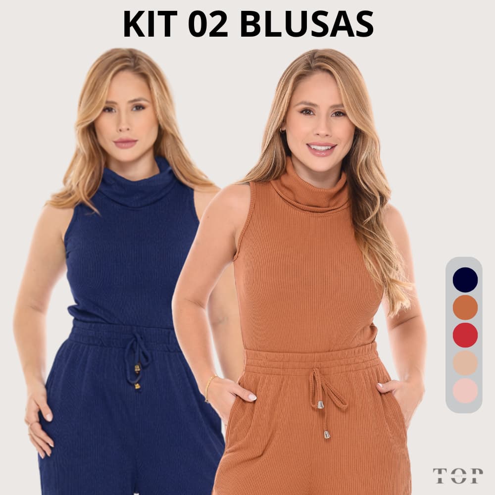 Kit 2 Blusas Feminina Canelada Regata Gola Alta Casual Elegante Básica