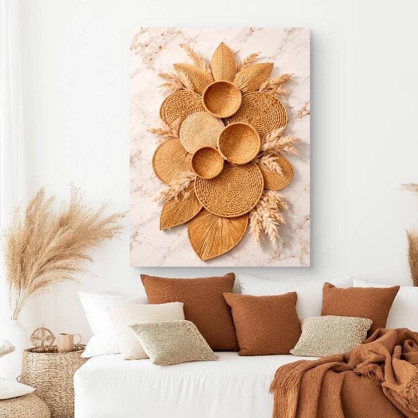 Quadro Decorativo Boho Chic com Palha e Capim dos Pampas – Estilo Natural Bege Moderno Sala Luxo