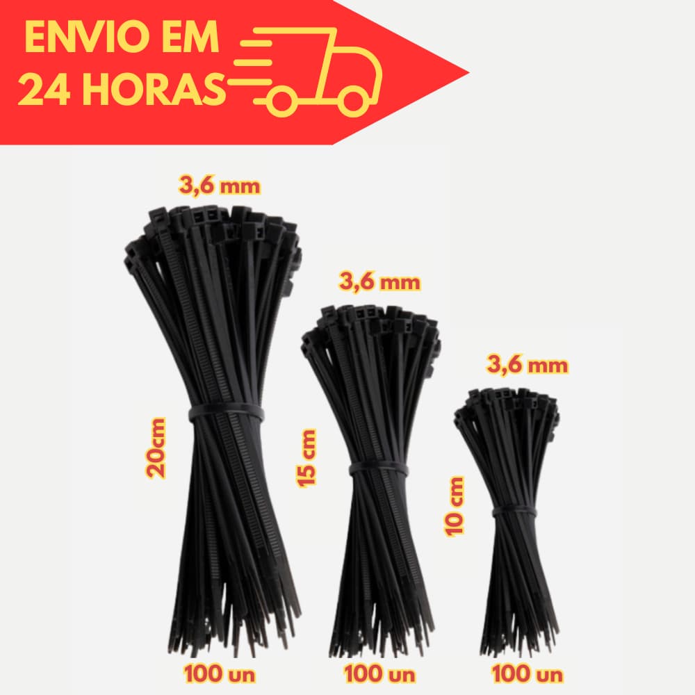 Kit 300 Abraçadeiras de Nylon 3,6mm 10cm 15cm 20cm (Enforca gato, presilha nylon, cinta plástica)