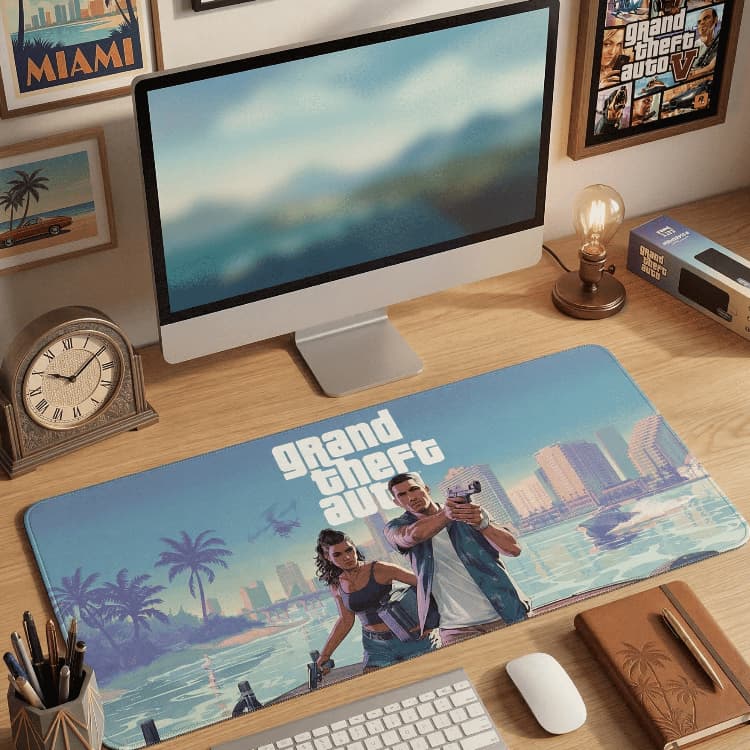 Mousepad Gamer Grande GTA Vice City Desk Mat Antiderrapante Setup Base Borracha Alta Precisão