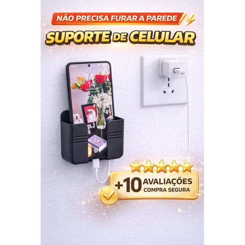 Suporte de Celular para Parede com Porta Objetos – Não Precisa Furar | Organizador de Tomada