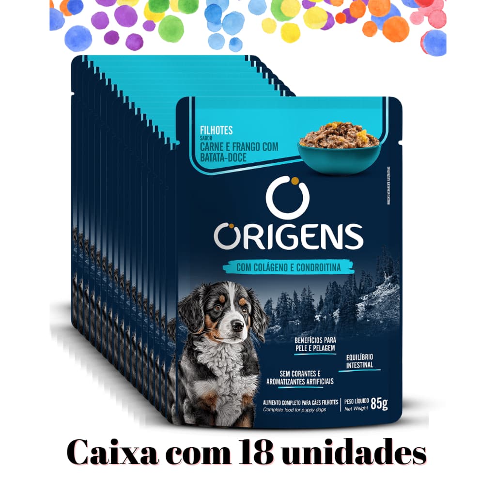 Caixa 18 unid - Sachê Origens Cães Filhotes Sabor Carne e Frango com Batata-doce 85g ( Ração úmida)