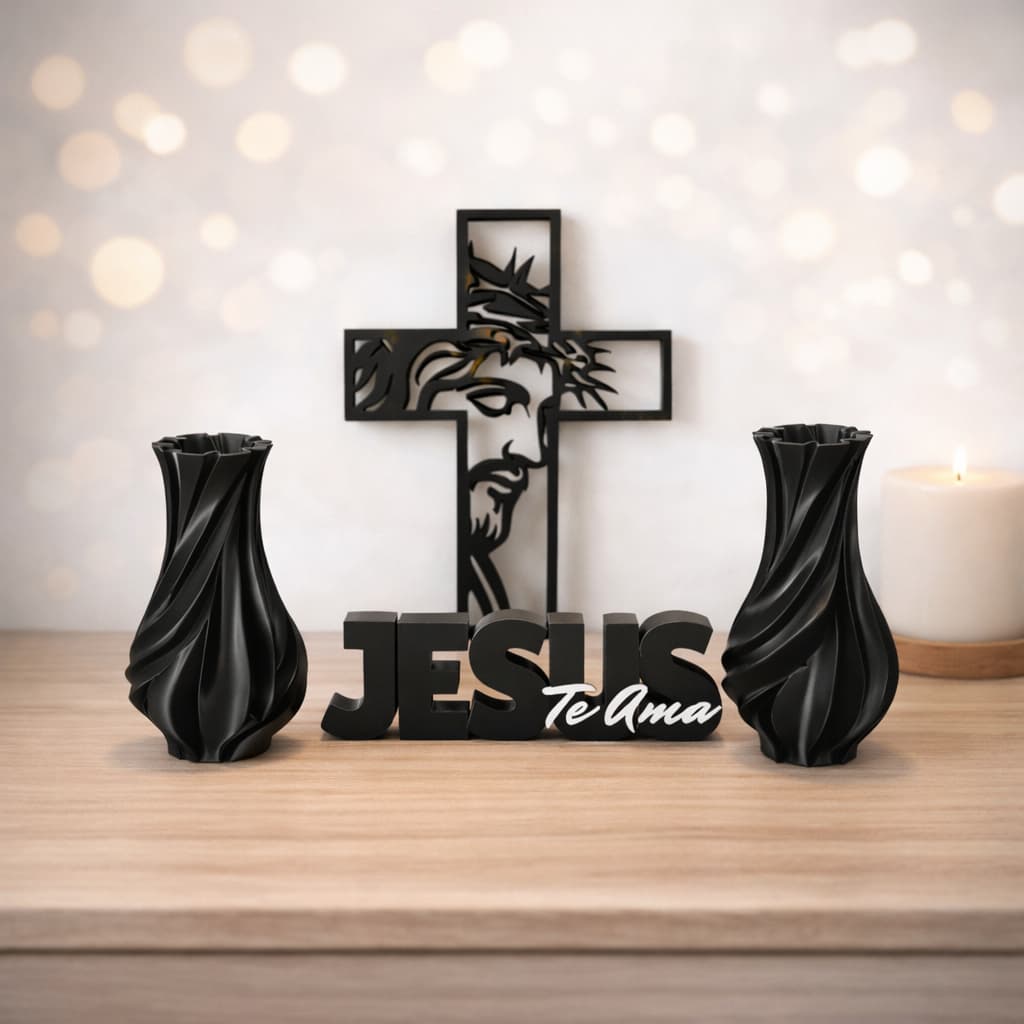 Kit Decorativo Religioso Jesus Te Ama Cruz 2Vasosgeométricos Decoração Moderna Sala Quarto Preto Branco