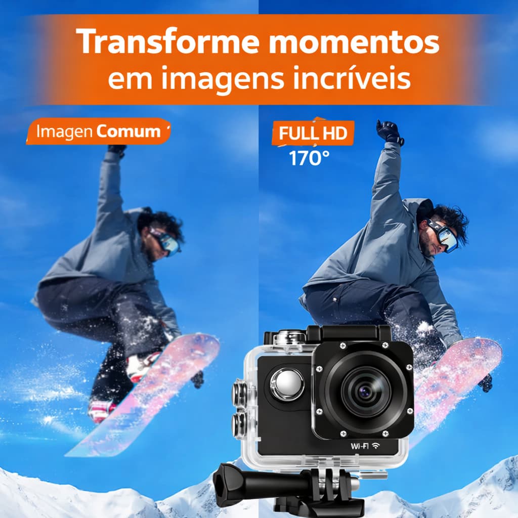 Câmera Action Full HD WiFi 1080p 12MP Prova D’Água Lente 170° Mini Câmera Esportiva
