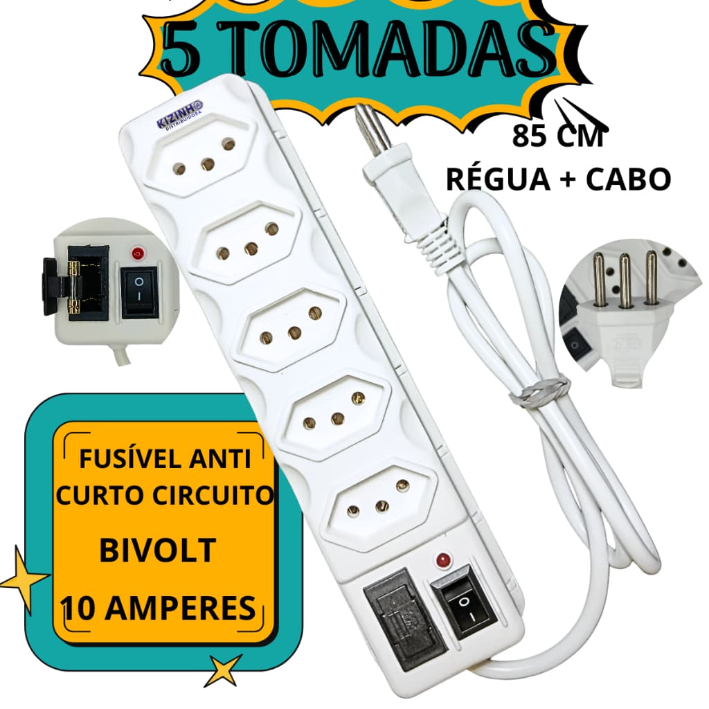 Filtro de Linha 5 Tomadas Tripolar 10A Bivolt 85cm Cabo + Régua Compacta e Indispensável no dia a dia