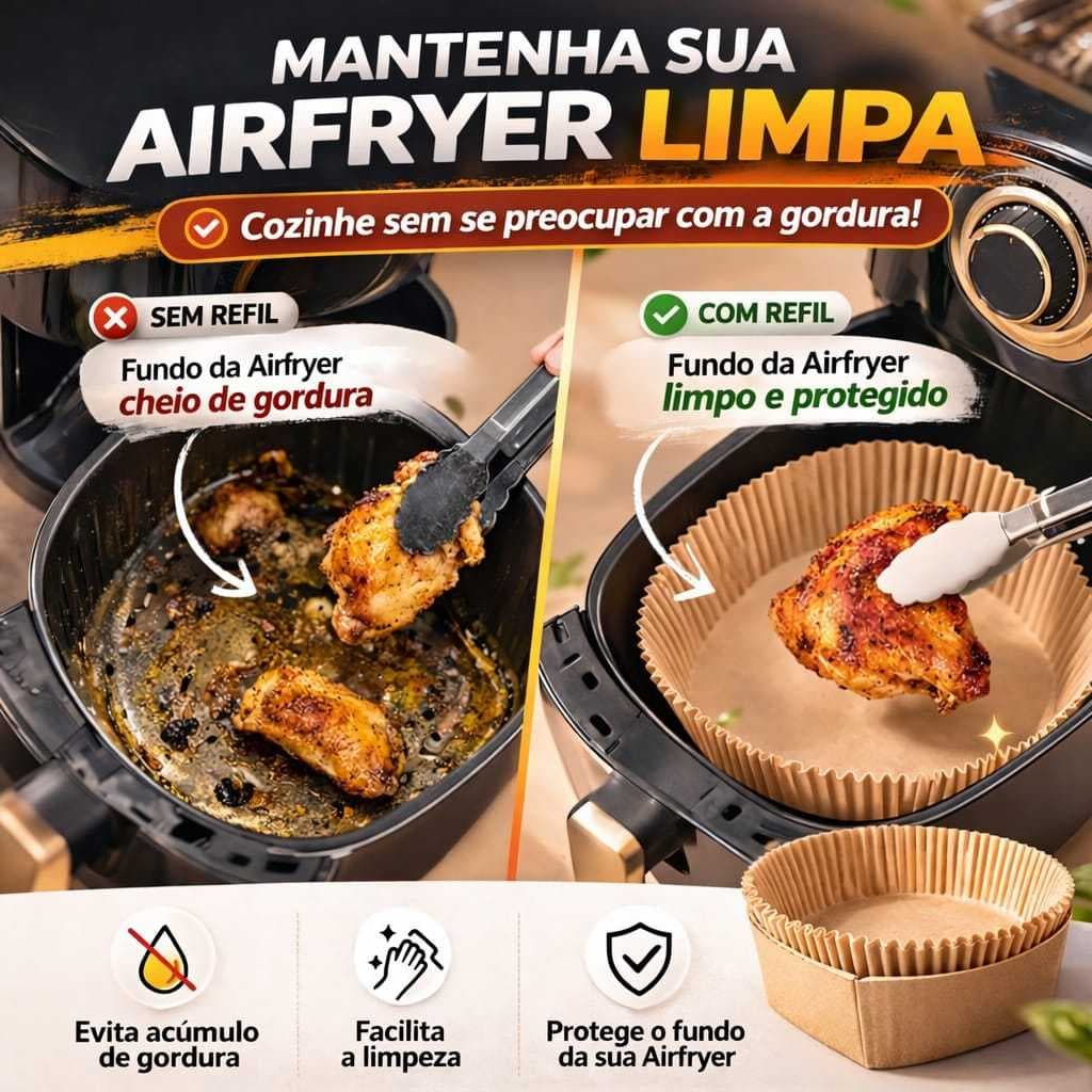KIT 100unidades Forma Airfryer Biodegradável — Protege sua Cesta • Papel Descartável Antiaderente Redondo 16cm