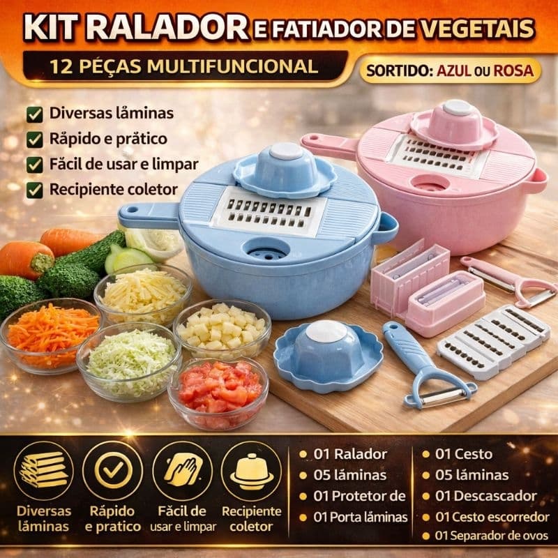 Kit Ralador e Fatiador de Vegetais 12 Peças Multifuncional Manual