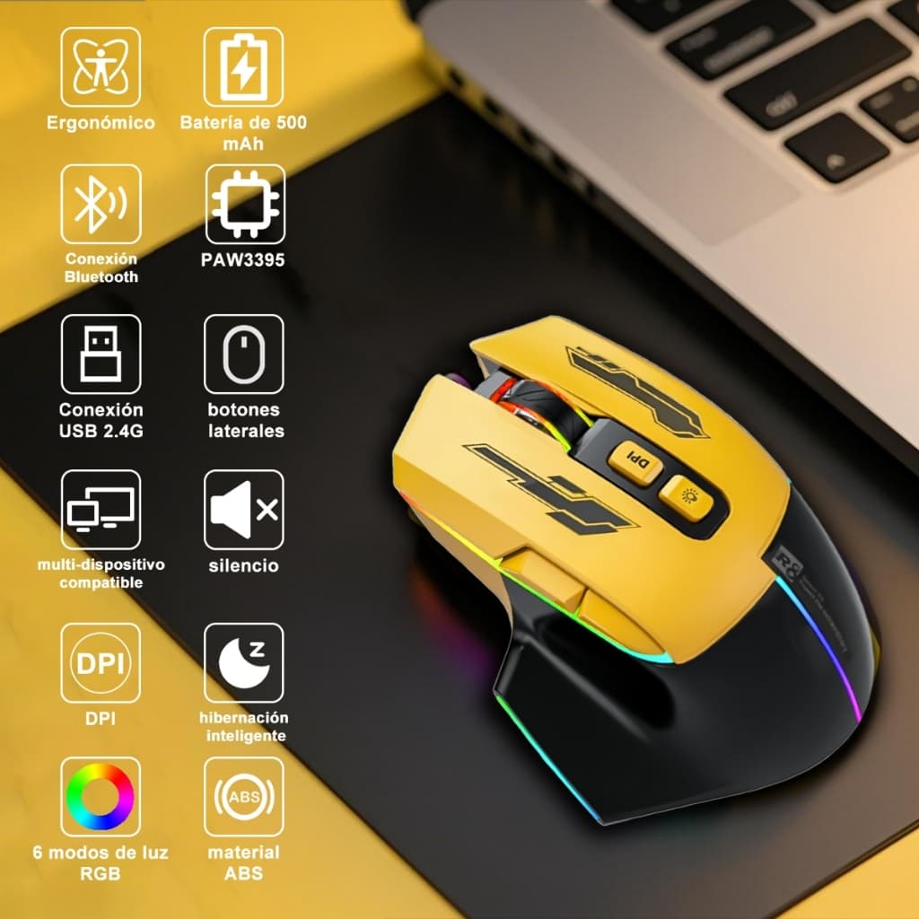 Mouse sem fio silencioso e ergonômico Bluetooth/2.4G RGB