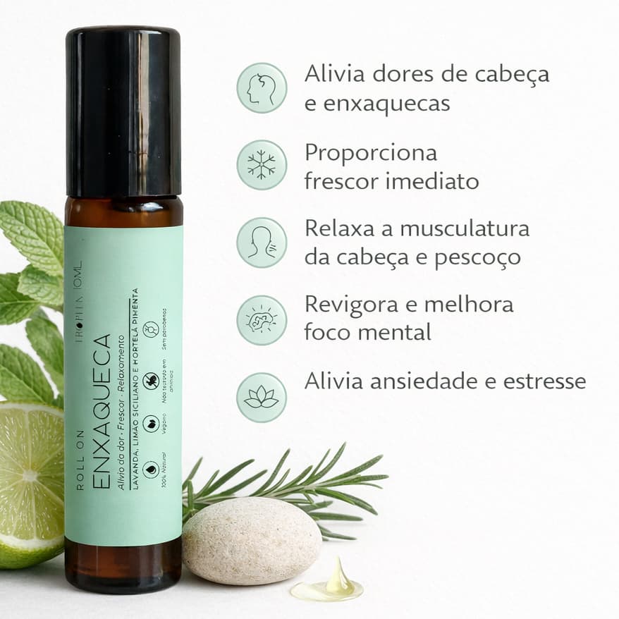Óleo Roll On para Enxaqueca 10ml Tropfen – Lavanda Hortelã Pimenta e Limão Relaxante Natural