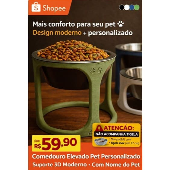 Comedouro Elevado Pet Personalizado 🐶🐱 | Suporte 3D Moderno | Não Acompanha Tigela