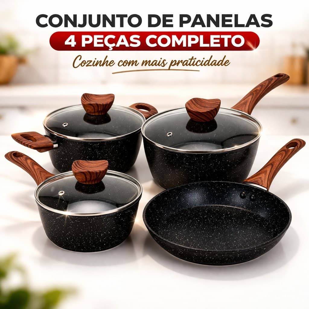 Conjunto Panelas Antiaderente 4 Pecas Tampa Vidro Inducao Fogao Gas Eletrico Frigideira Completo