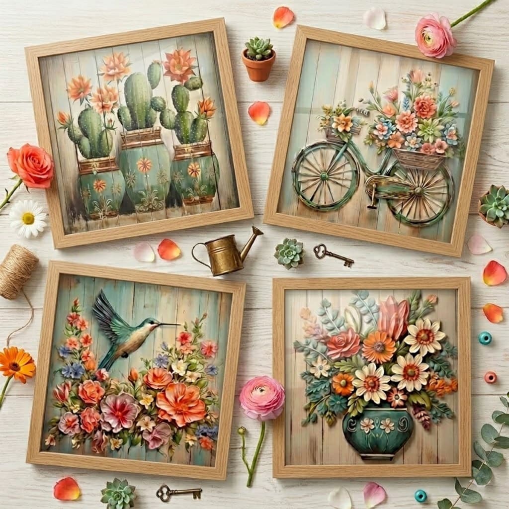 Kit 4 Quadros 18x18 cm Decorativos Banheiro, Varanda, Cactos, Flores, moldura e vidro