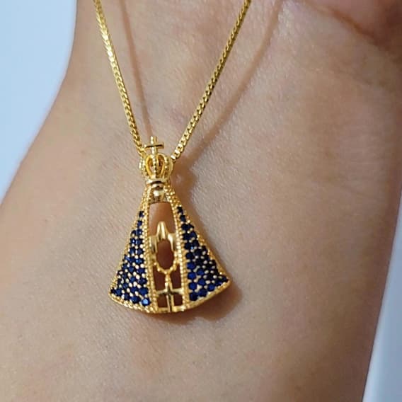 Colar Cordao Nossa Senhora Cravejado Zircônia Corrente Banhado a Ouro 18K