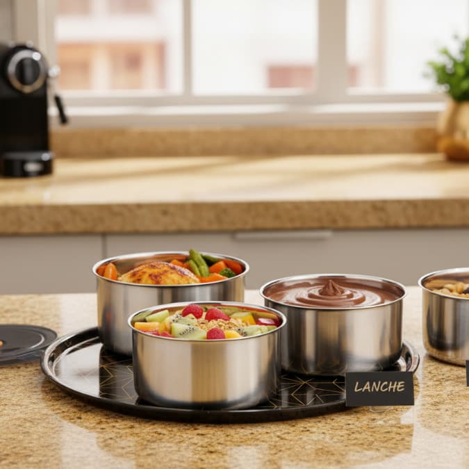 Conjunto 4 Potes Herméticos Redondos Inox 450ml – Marmita para Alimentos com Vedação e Conservação.
