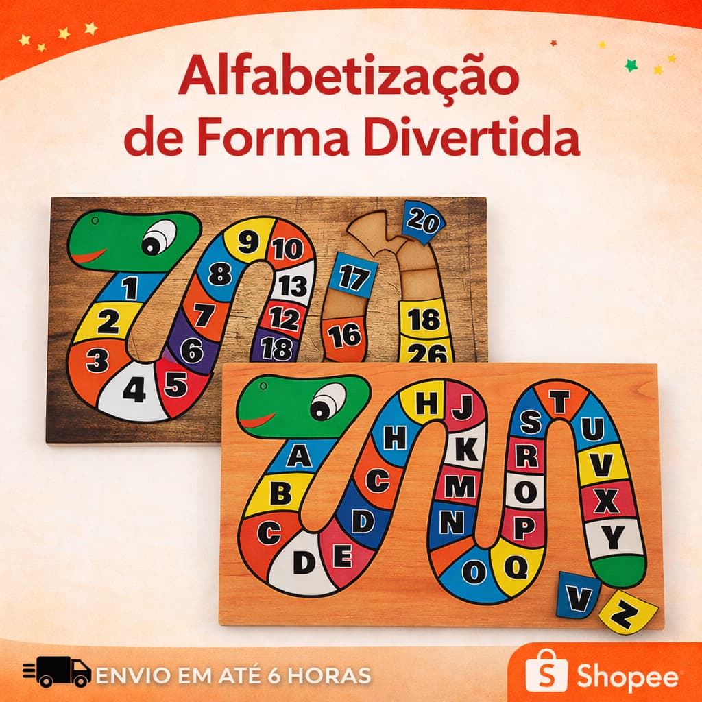 Brinquedo Pedagógico Quebra Cabeça Letras e Números Alfabetização Educativo Madeira em MDF Tabuleiro