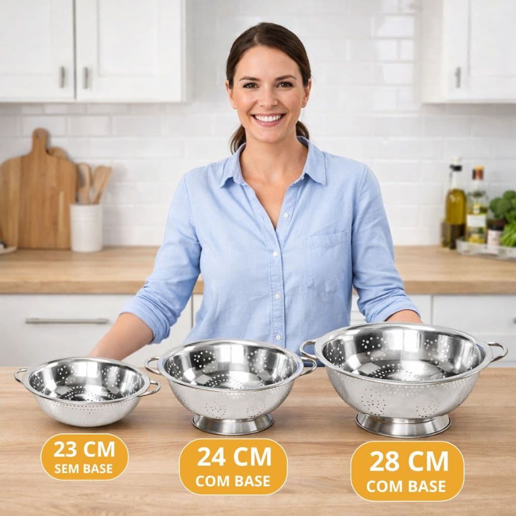 Escorredor Inox Macarrão Arroz Peneira 23/27/28cm Cozinha Multiuso Grande Lava Alimentos Legumes Frutas Com Alça