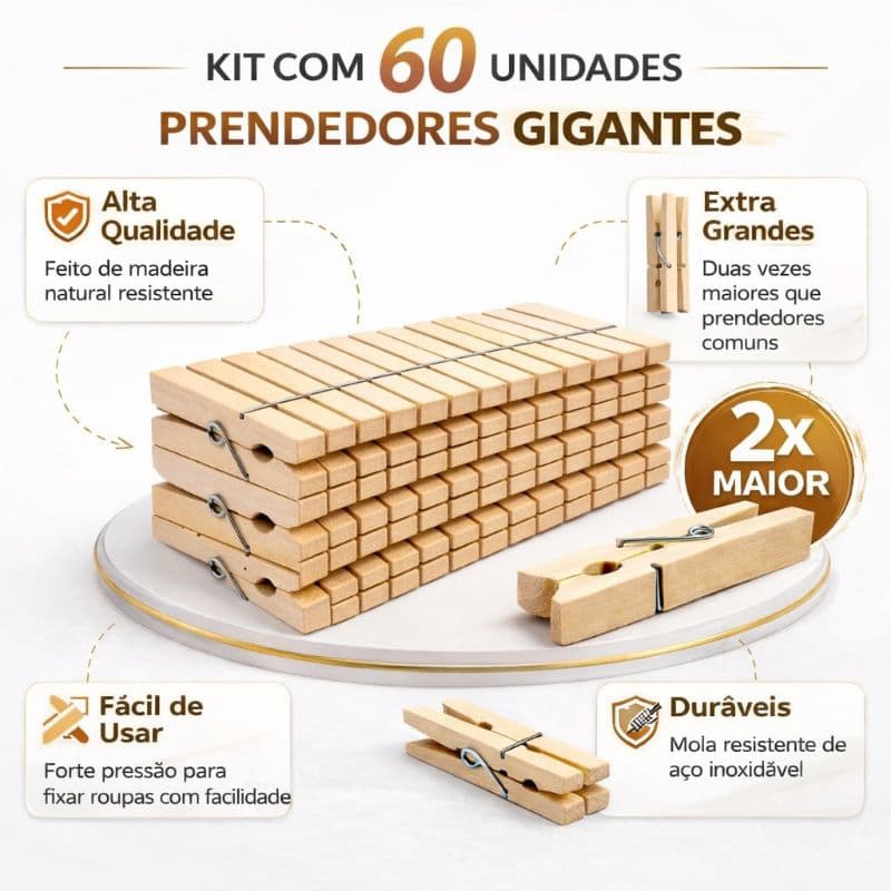 KIT 60 Prendedores de Roupa GRANDE de Madeira Reforçado Para Varal Mola Forte