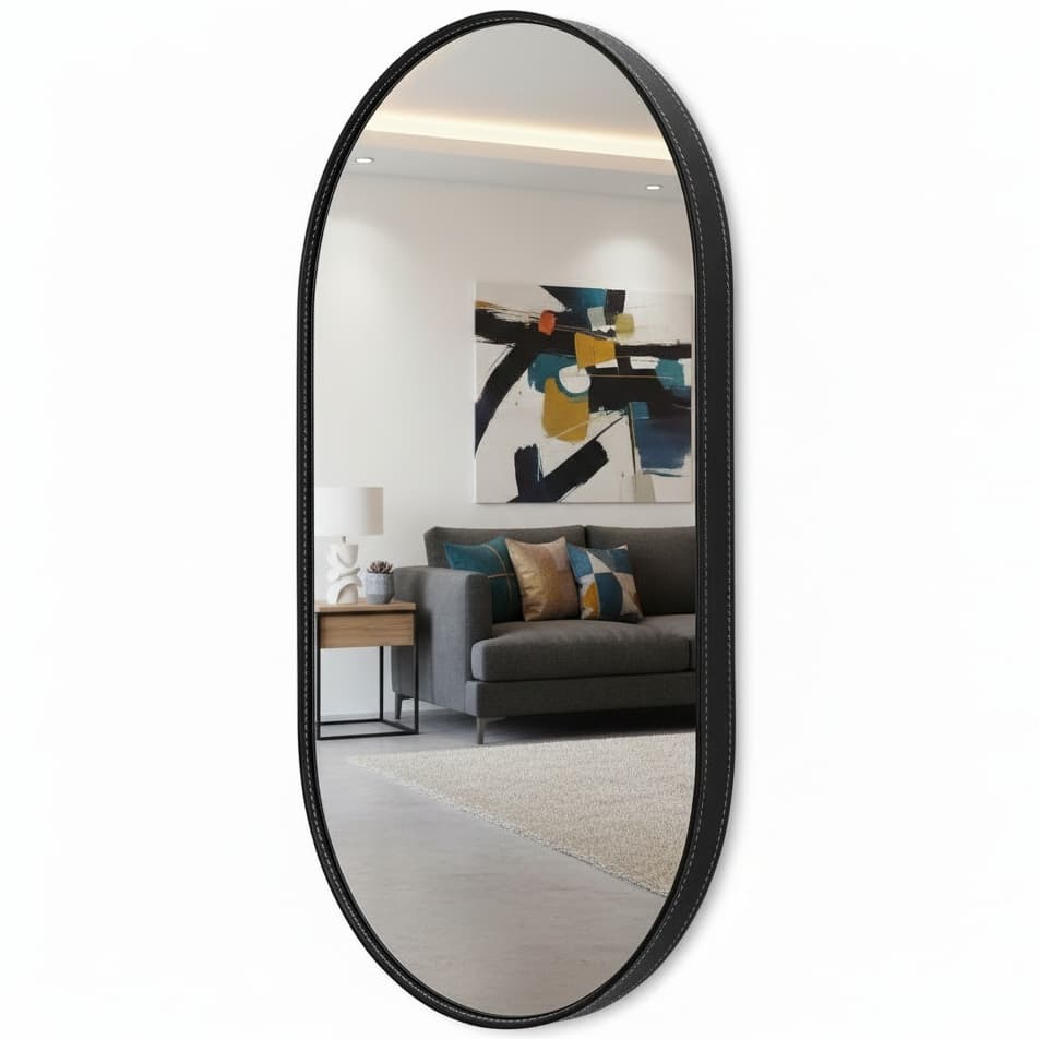 Espelho Oval Moldura em Couro Lavabo Banheiro Sala Quarto 50x40 60x40 80x50