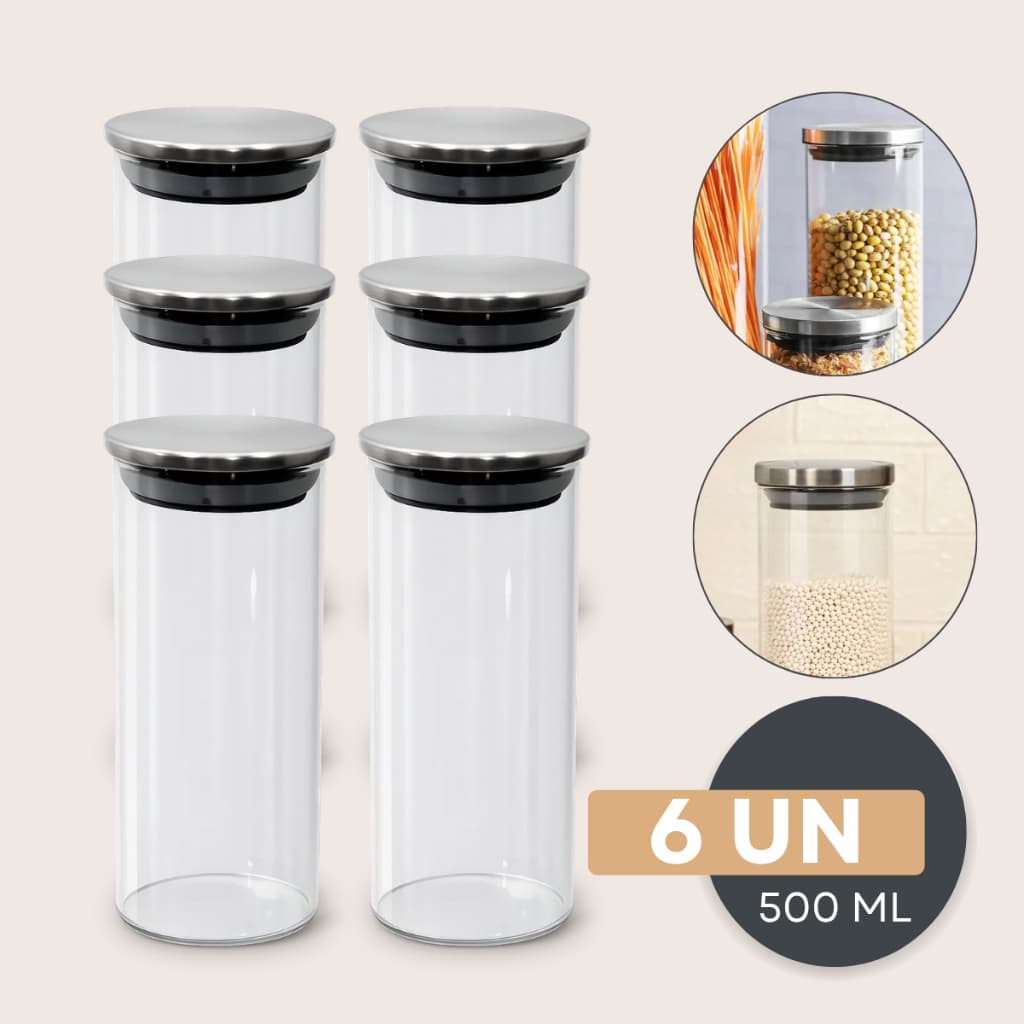 Potes Herméticos Porta Mantimentos Para Cozinha Tampa Inox De Vidro 500ml
