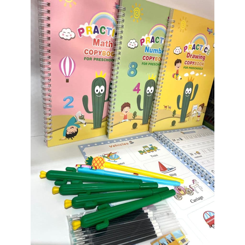 Caderno Mágico Aprender Brincando 4 em 1 (Em Português) – Caligrafia, Números e Desenho Infantil ✏️📚
