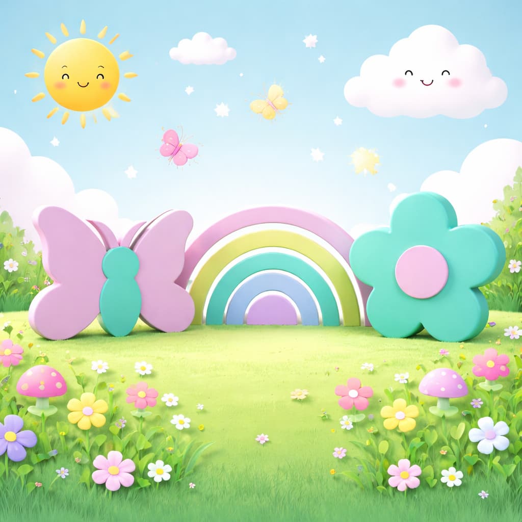 Kit Decorativo Arco Íris Flor e Borboleta Para Prateleira Mesa Decoração Quarto Infantil Bebe