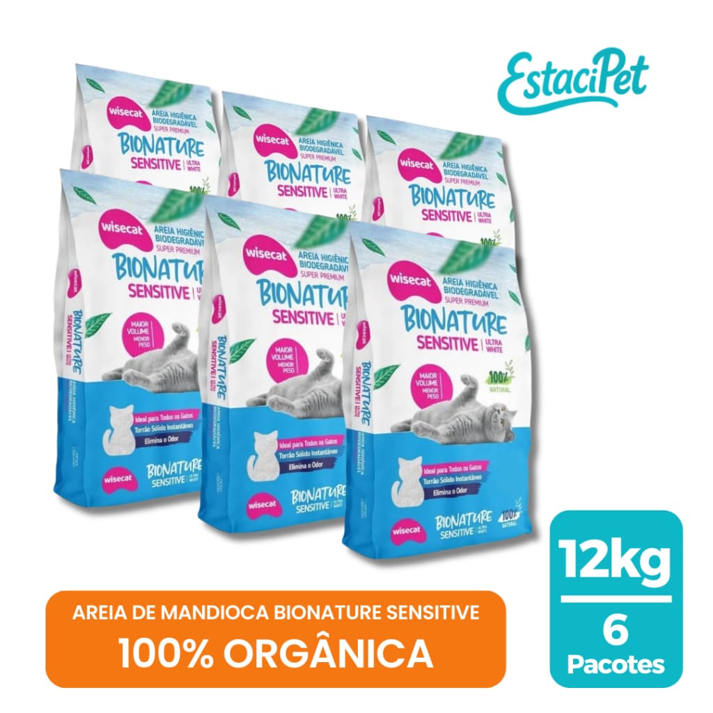 Kit Areia Biodegradável para Gatos Bionature Sensitive Wisecat 2 KG Grãos Finos
