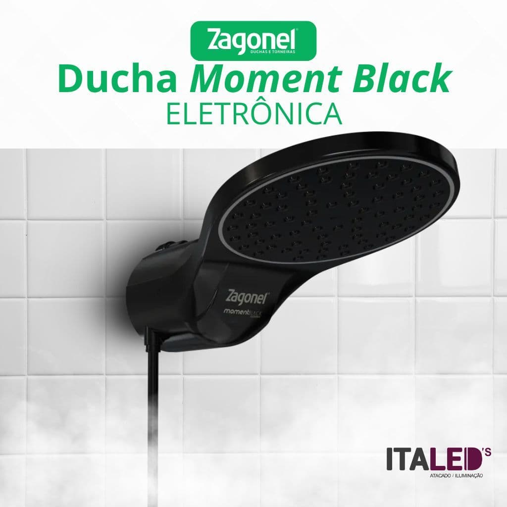 Chuveiro Ducha Eletrônica Preto Moment Black Zagonel 127v - 220v Alta Pressão Econômico Moderno Controle Temperatura